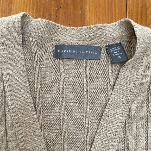 Oscar De La Renta Mens Button Down Sweater Cardigan Light Brown XL V Neck - Picture 5 of 6